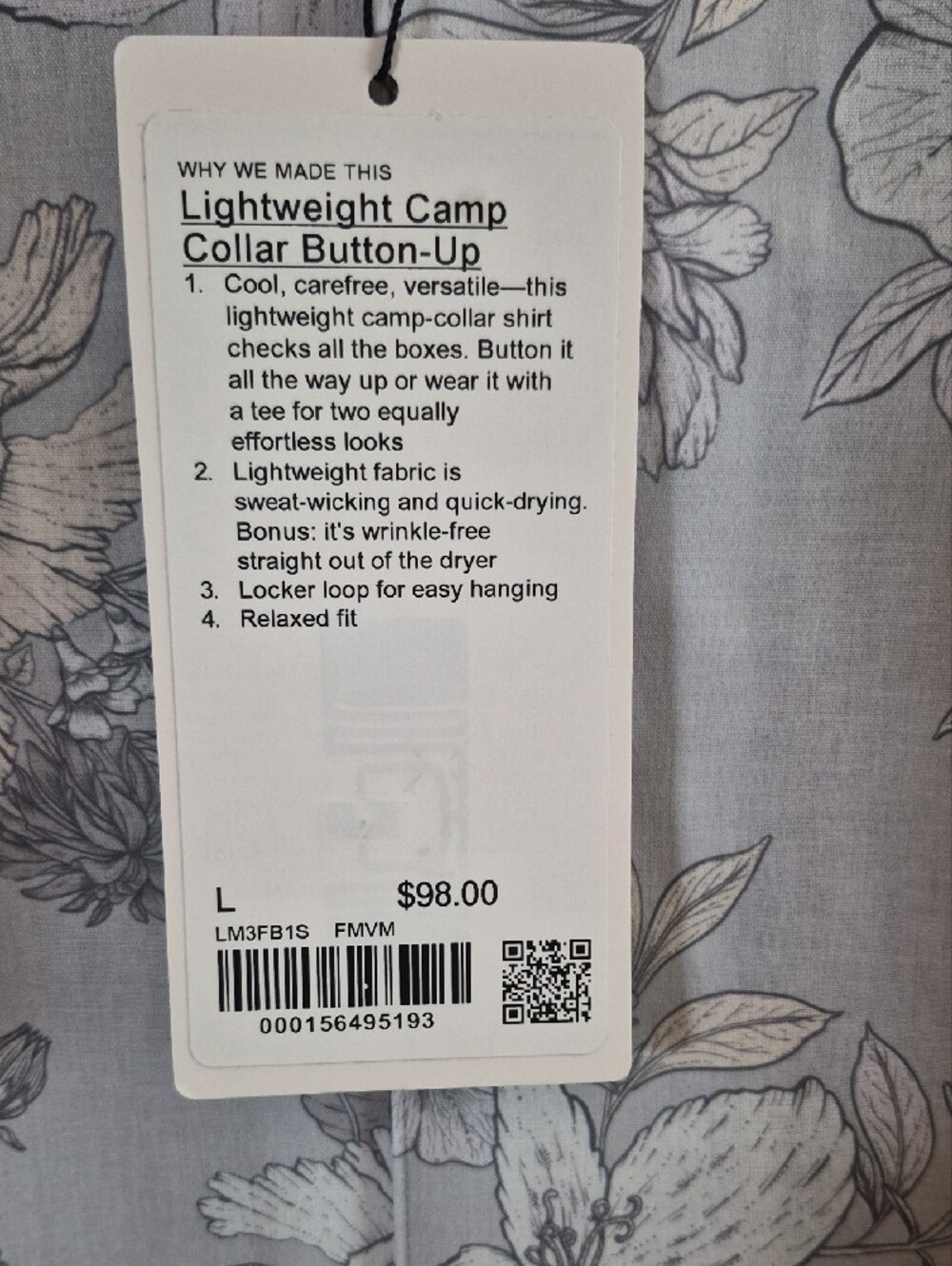lululemon athletica Men’s Light Gray Floral Camp Shirt Large New! - Picture 3 of 5